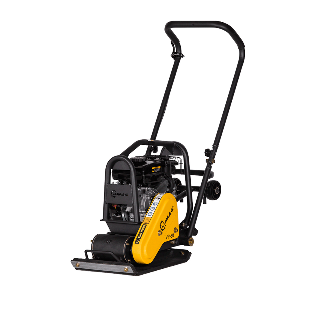 LUMAG VP 60 – Rüttelplatte vorlaufend mit 58 kg inkl. Transportfahrwerk und Gummimatte